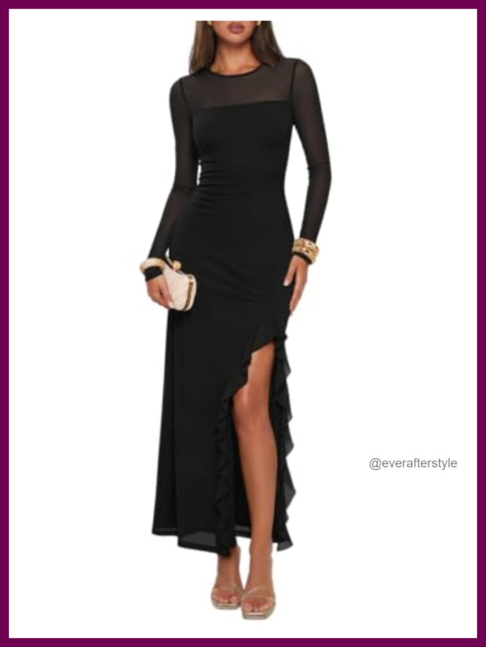 Womens Maxi Dress Mesh Long Sleeve Bodycon Ruffle Mermaid Wedding Guest Formal